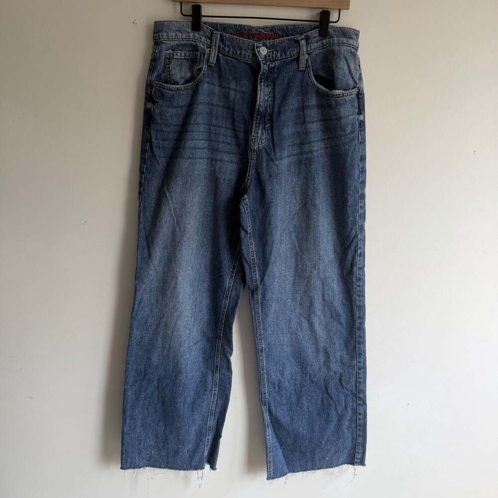 Lucky Brand High Rise Wide Leg Jeans Size 31/12R Blue Wash Baggy Raw Hem Baggy